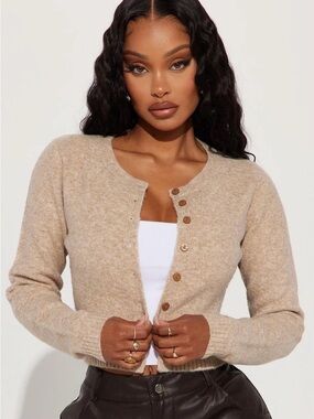 Fashion Nova Cropped Button-Front Cardigan in Beige